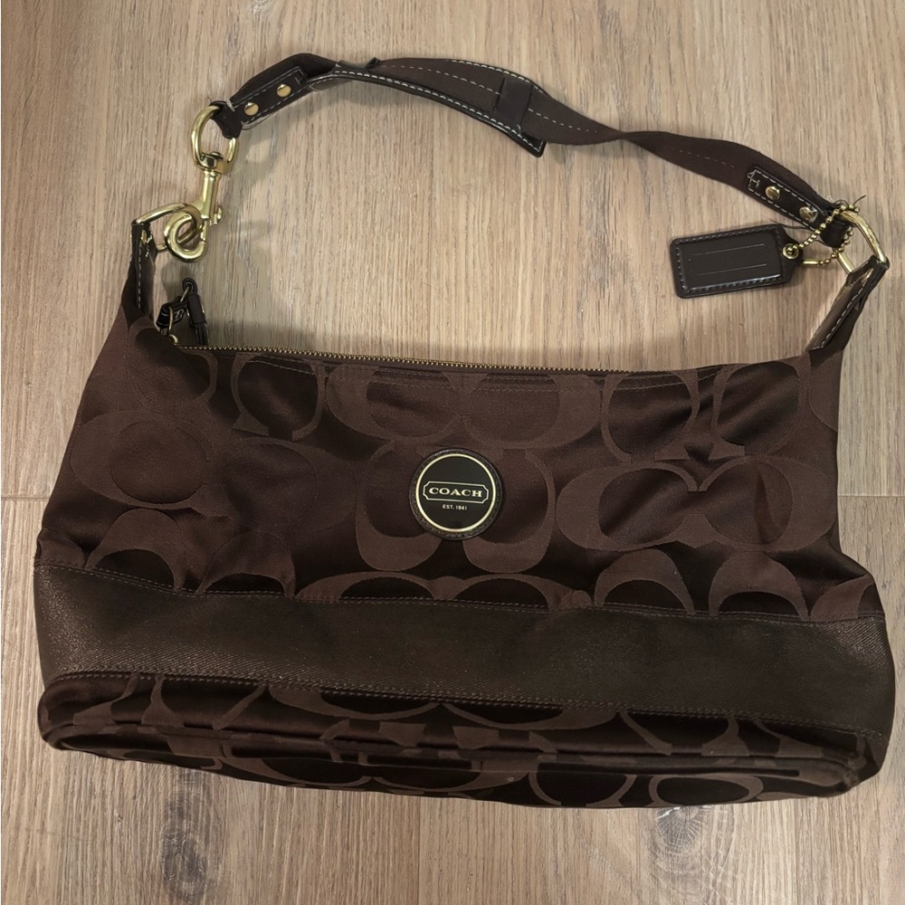 Coach Brown Signature “C” Shoulder Bag with Ribbon Detail